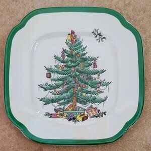 VTG Spode Christmas Tree Tidbit Plate S3324 England Green Trim Holiday Dish New